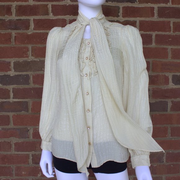 Milly of New York | Ivory 100% Silk Blouse | Long Sleeve, Ruffles & Tie Neck | 2 - Picture 3 of 12